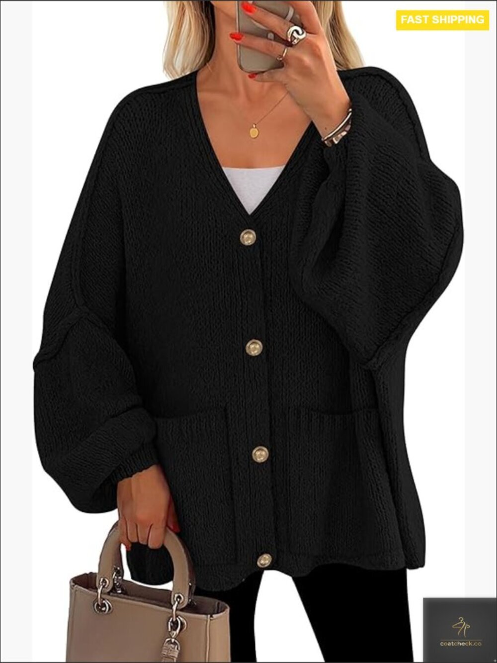 Chunky Cardigan Sweater Oversized V Neck Button Down Lantern Sleeve Coats with